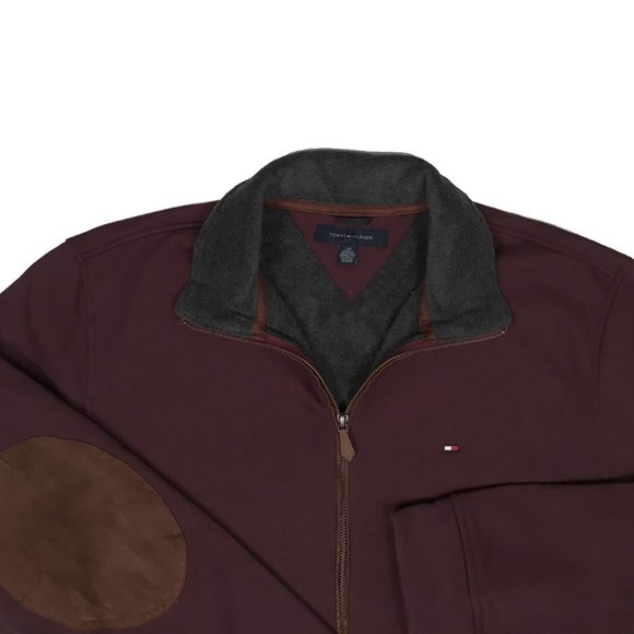 NEW Vintage Tommy Hilfiger Sweatshirt Maroon Brown Faux Suede Elbow Patch & Trim - Picture 2 of 2